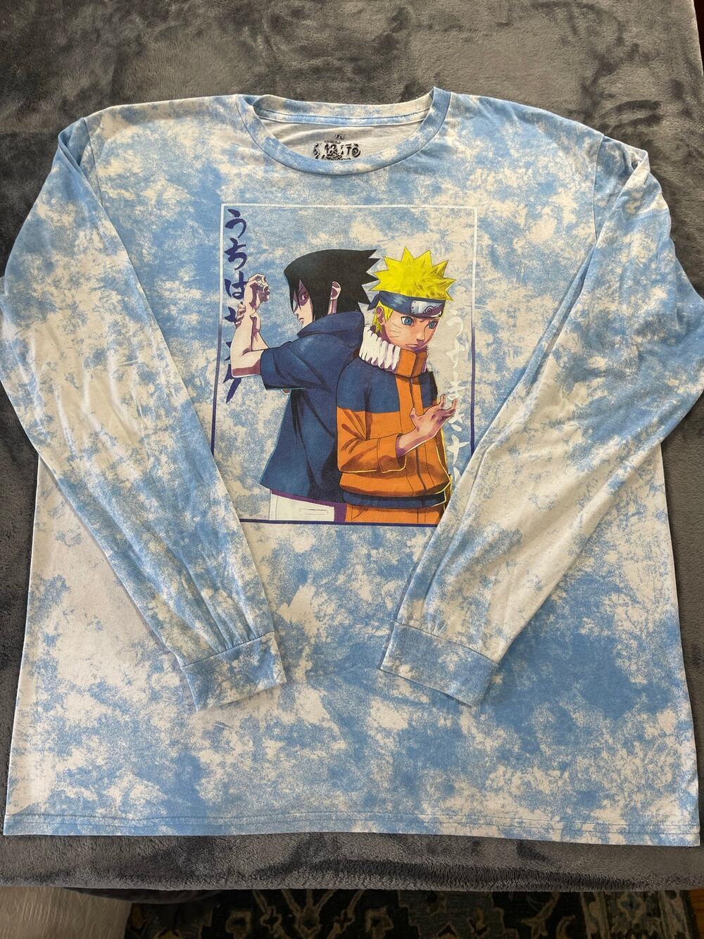 Naruto Shippuden Graphic Long Sleeve Shirt XL Blue Tie Dye Sasuke Tee (Stained)